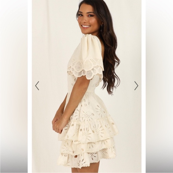 Showpo Just Me Back to the Island Cream Lace Tiered Skirt Mini Dress- Medium - Picture 3 of 15